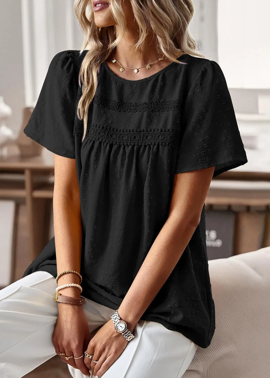 Womens Summer Tops Trendy Lace Crochet Short Sleeve Shirts Cute Casual Boho Flowy Chiffon Blouses