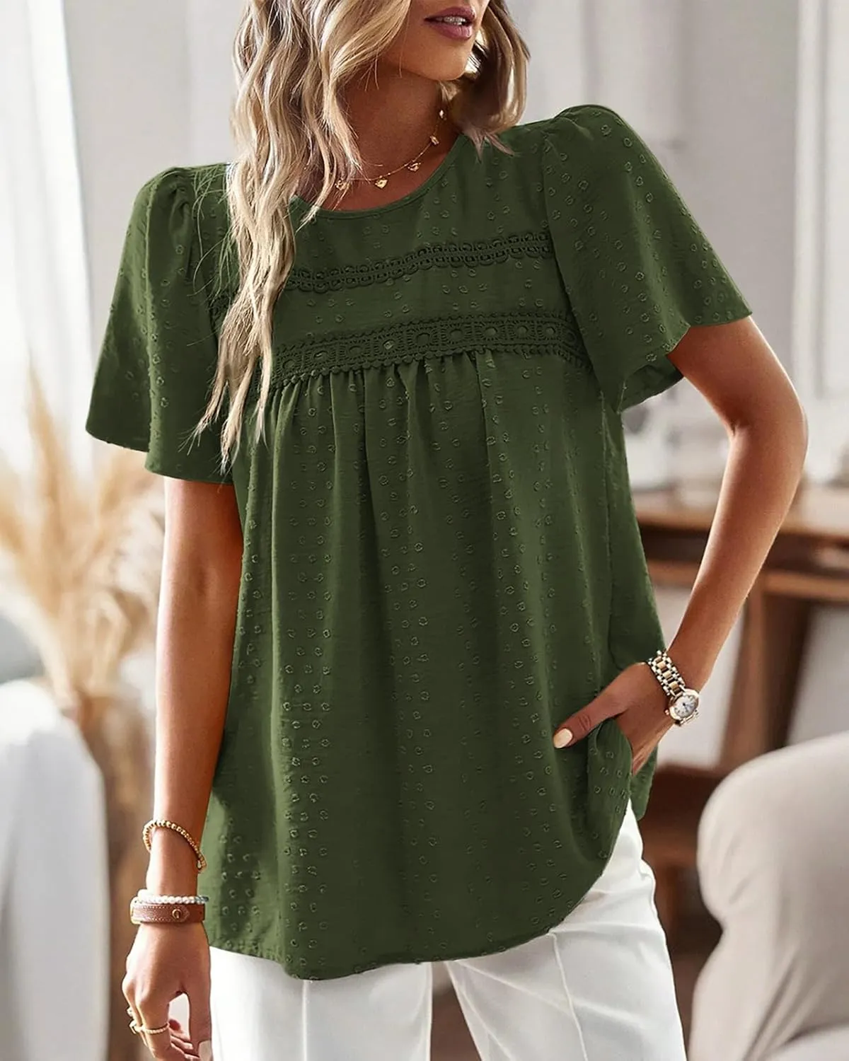 Womens Summer Tops Trendy Lace Crochet Short Sleeve Shirts Cute Casual Boho Flowy Chiffon Blouses