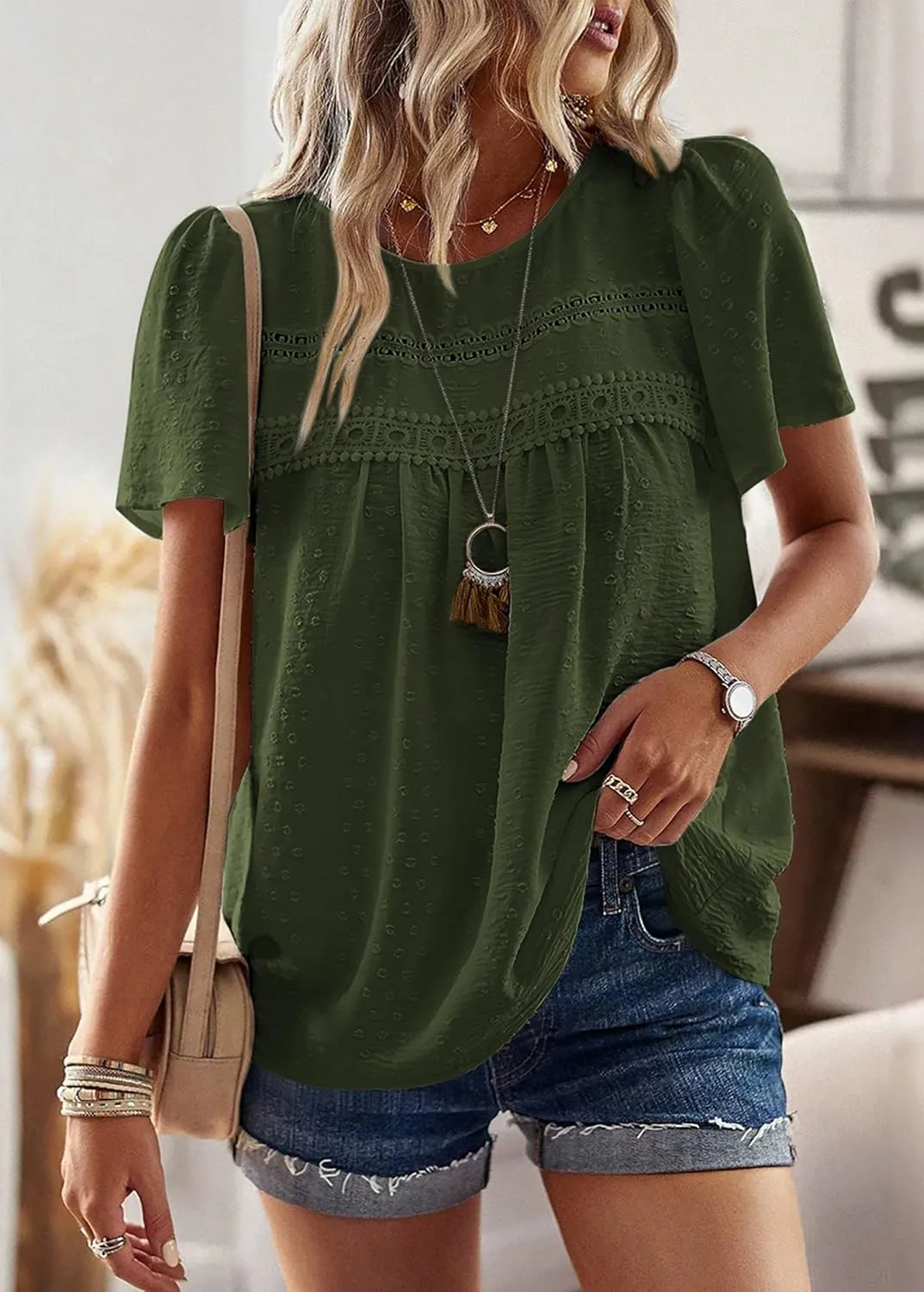 Womens Summer Tops Trendy Lace Crochet Short Sleeve Shirts Cute Casual Boho Flowy Chiffon Blouses