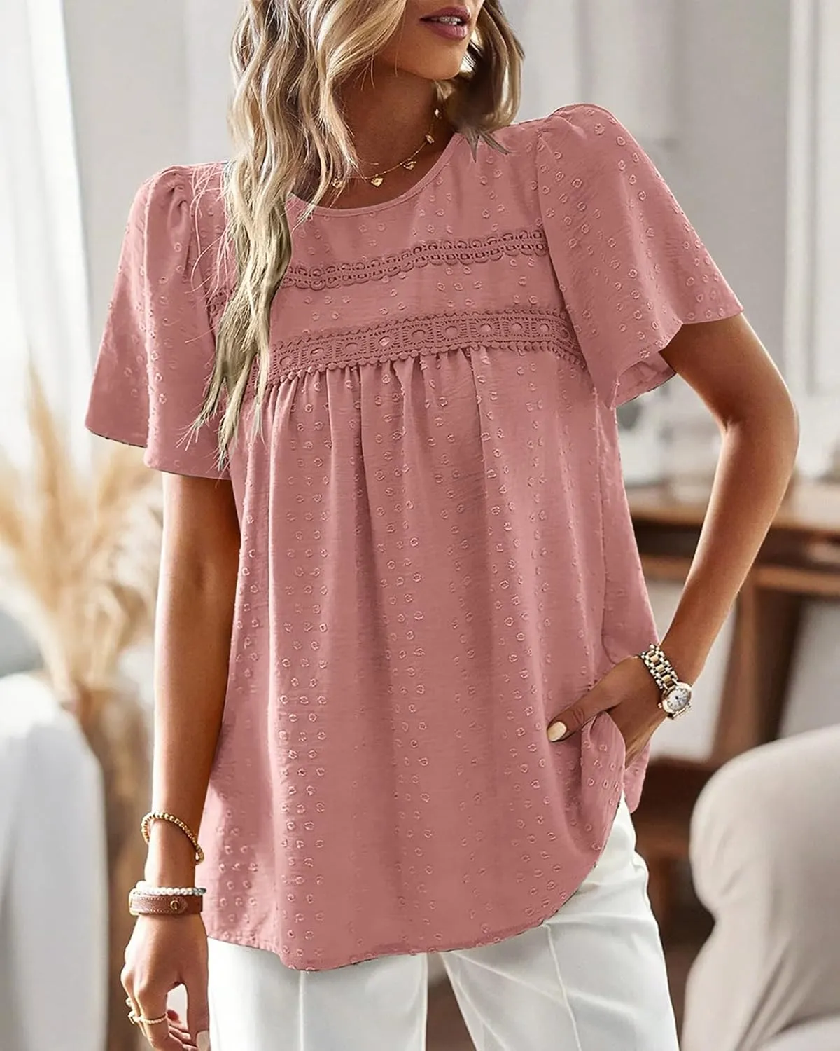 Womens Summer Tops Trendy Lace Crochet Short Sleeve Shirts Cute Casual Boho Flowy Chiffon Blouses
