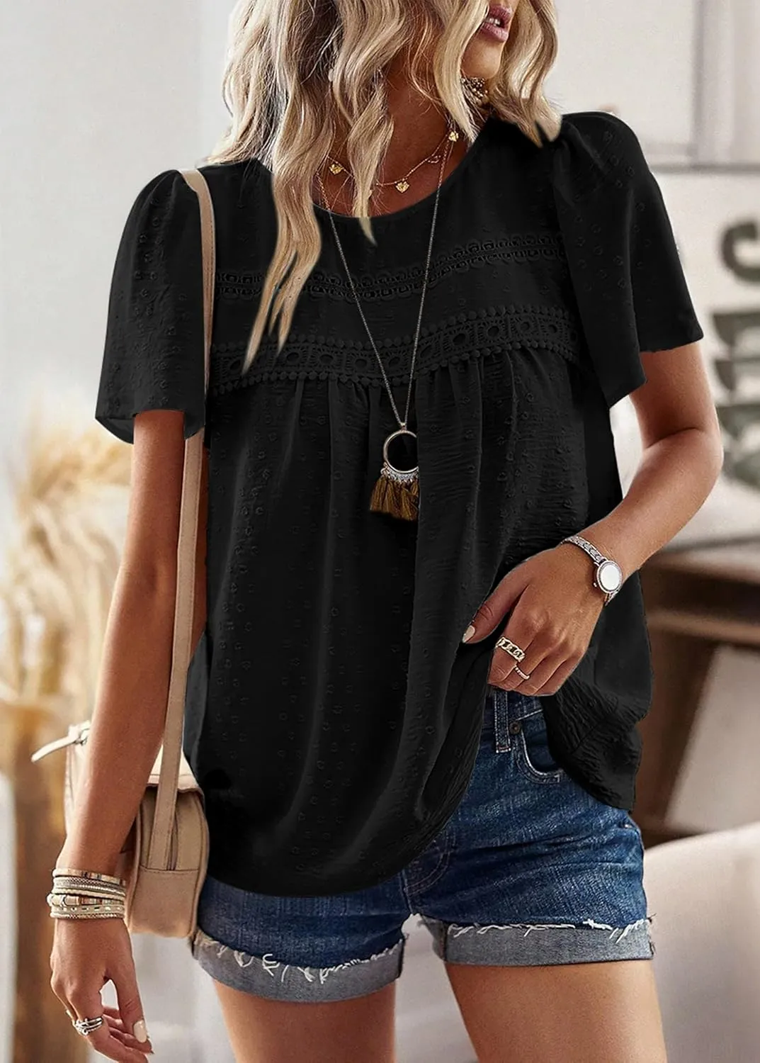 Womens Summer Tops Trendy Lace Crochet Short Sleeve Shirts Cute Casual Boho Flowy Chiffon Blouses