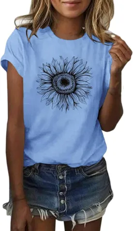 Women's T Shirts Short Sleeve Tees Sunflower Graphic Stretch Slim Summer Tops Female Casual Pattern Print Tank Tops Holiday