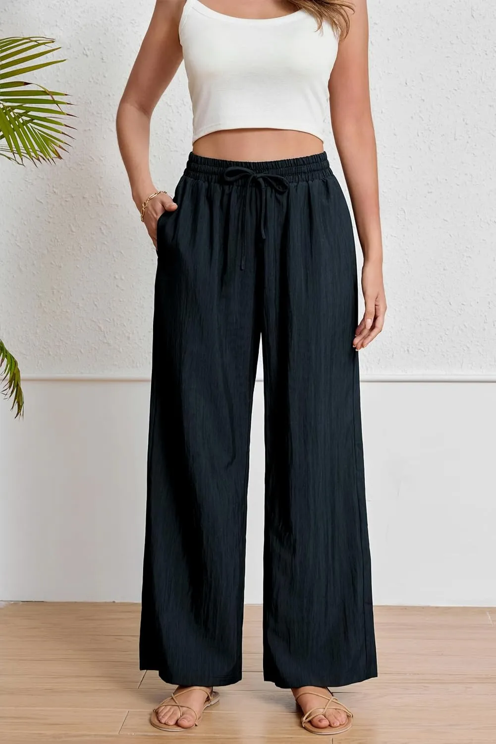 Women's Wide Leg Pants Flowy Pants for Women Casual Palazzo Trousers Loose Fit High Waisted Drawstring with Pocket