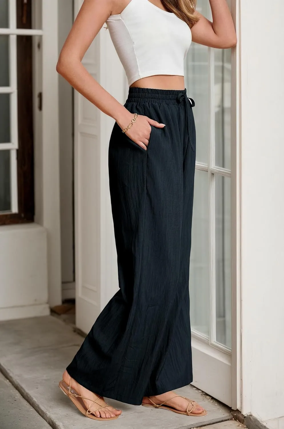 Women's Wide Leg Pants Flowy Pants for Women Casual Palazzo Trousers Loose Fit High Waisted Drawstring with Pocket