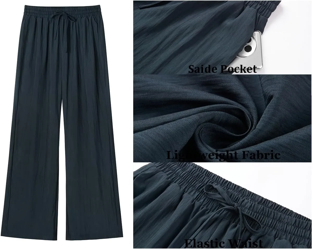 Women's Wide Leg Pants Flowy Pants for Women Casual Palazzo Trousers Loose Fit High Waisted Drawstring with Pocket