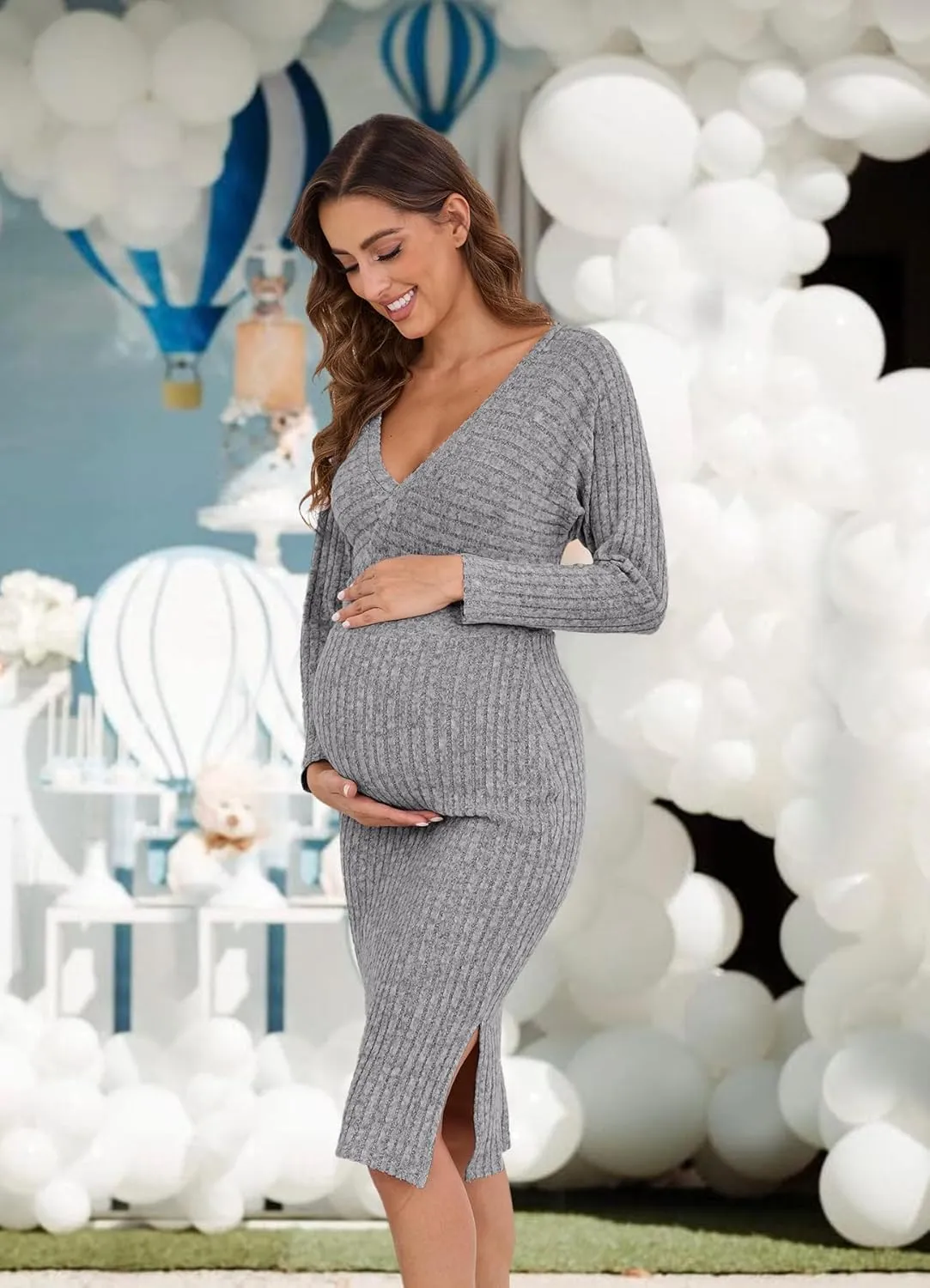 Wrap V Neck Maternity Sweater Dress Rib Knit Batwing Open Back Slit Pregnancy Dresses Baby Shower Photoshoot Outfit