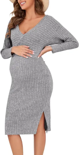 Wrap V Neck Maternity Sweater Dress Rib Knit Batwing Open Back Slit Pregnancy Dresses Baby Shower Photoshoot Outfit