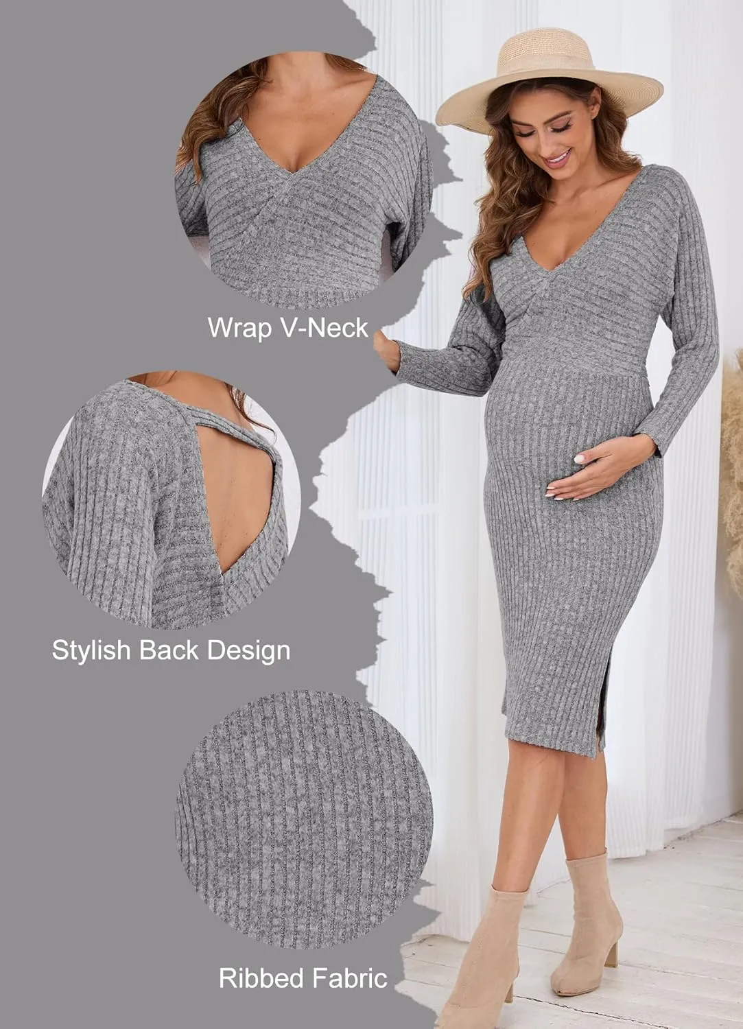 Wrap V Neck Maternity Sweater Dress Rib Knit Batwing Open Back Slit Pregnancy Dresses Baby Shower Photoshoot Outfit