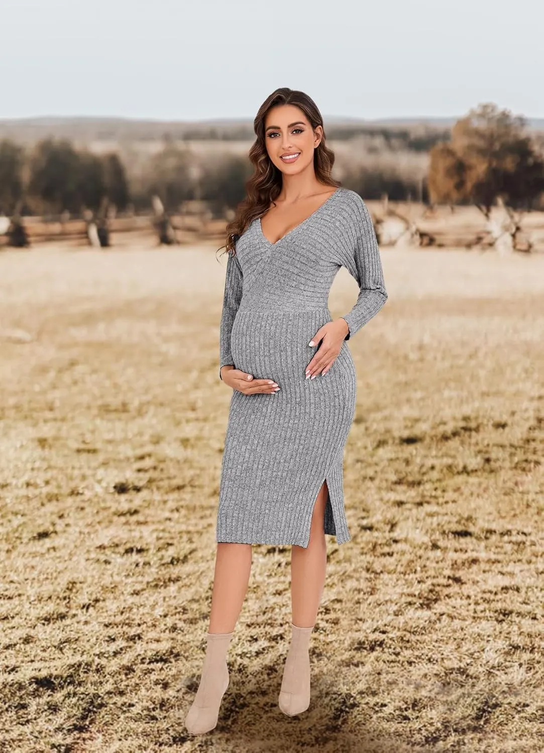 Wrap V Neck Maternity Sweater Dress Rib Knit Batwing Open Back Slit Pregnancy Dresses Baby Shower Photoshoot Outfit